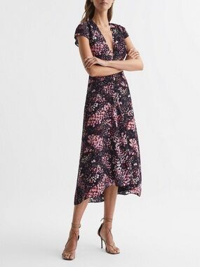 Reiss Black Midi Dress with Pink Floral Print